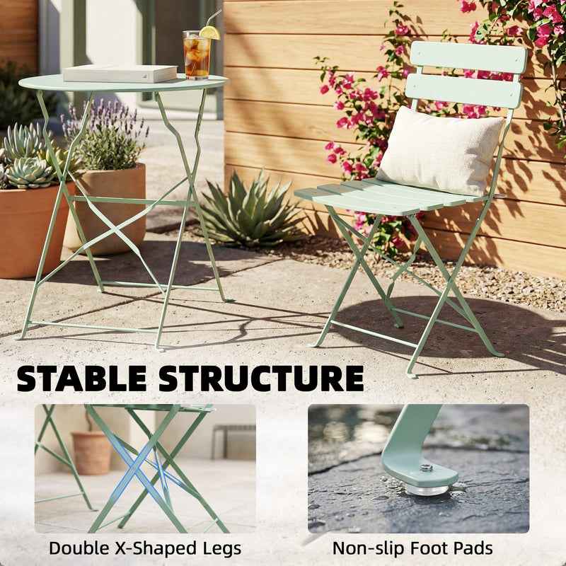 Folding Metal Bistro Set for Small Gardens or Balconies No Assembly Light Green