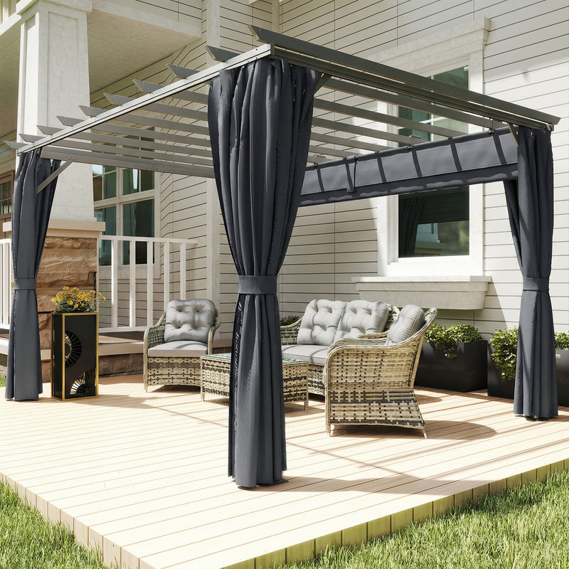 3.6 x 3m Metal Garden Pergola with Retractable Canopy and Curtains for Shaded Outdoor Dining, Dark Grey