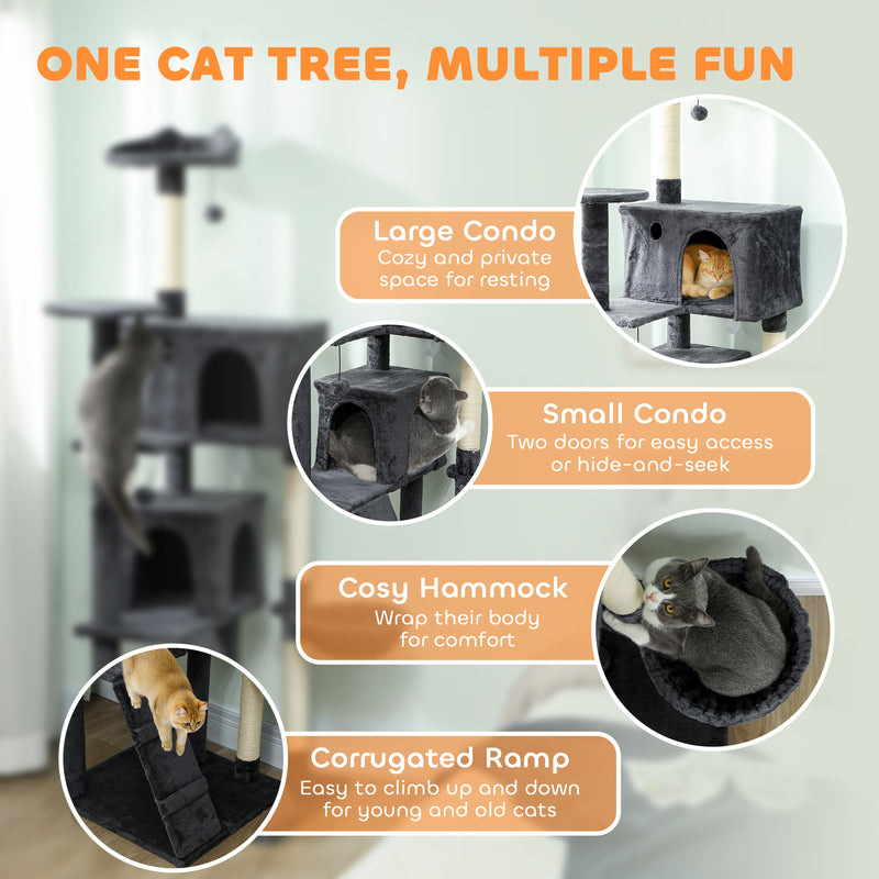 Large 180cm Cat Tree Tower with Hammock and Scratching Posts for Indoor Play Dark Grey AOSOM