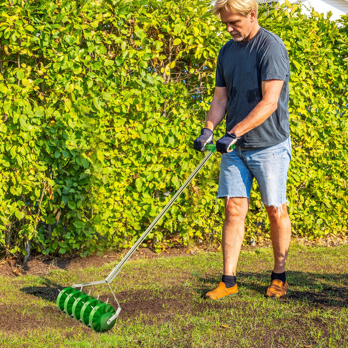 Rolling Lawn Aerator Manual Grass Spike Roller with Detachable Handle by Outsunny