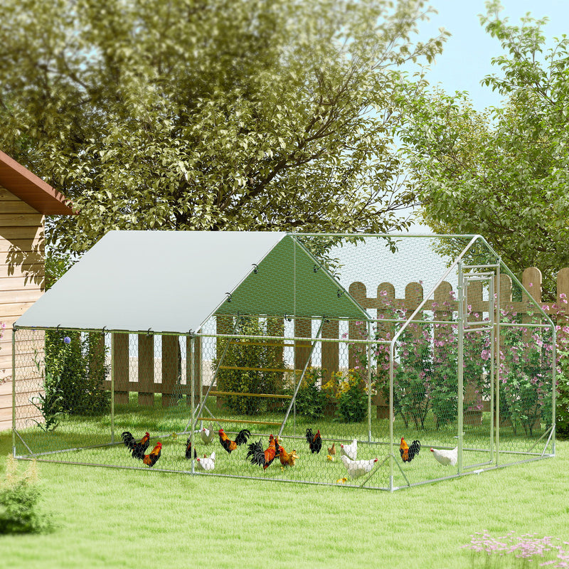 Walk in Chicken Run with Cover Feeding Door Hanging Feeder and Perch for 12-18 Poultry by PawHut