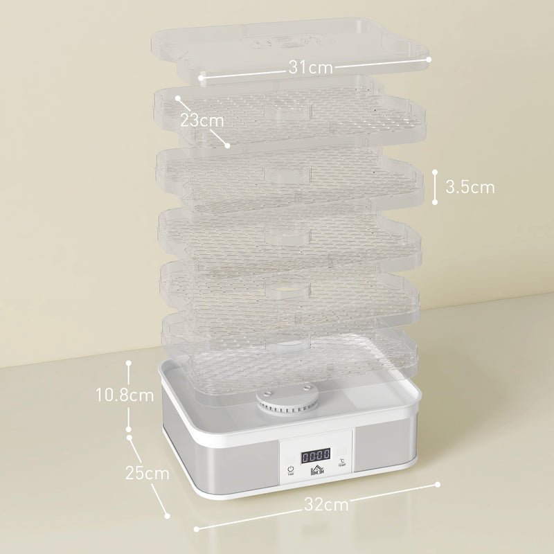 5 Tier Stainless Steel Food Dehydrator with Timer LCD Display for Snacks and Jerky White