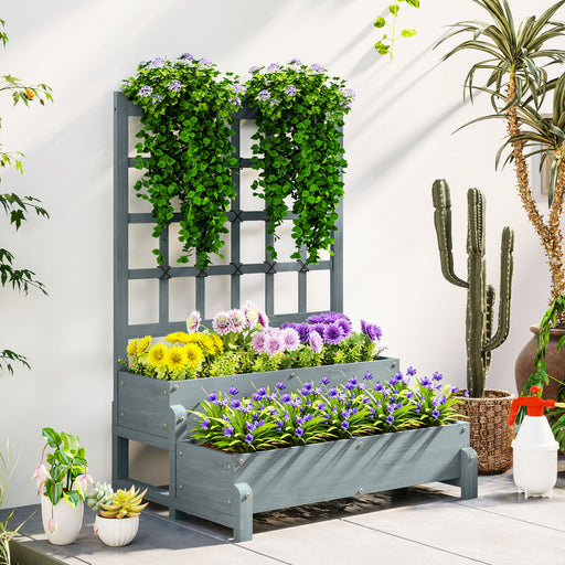 Grey 2 Tier Raised Garden Bed with Trellis Wooden Planter Box for Climbing Plants by Outsunny