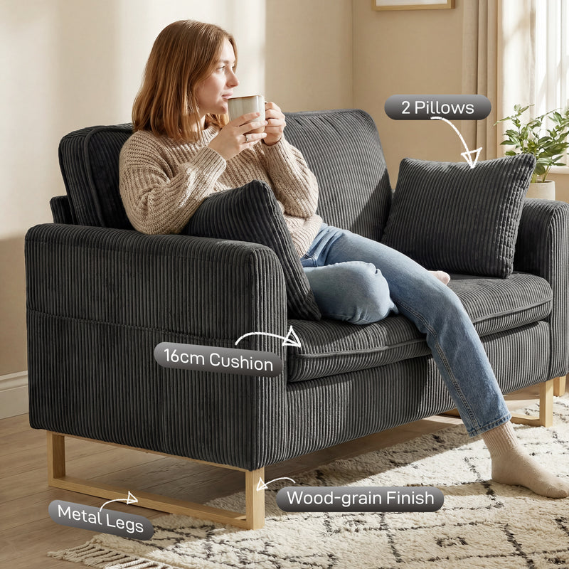 2 Seater Sofa for Everyday Relaxation with Thick Cushions and Soft Corduroy Dark Grey