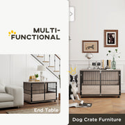 Large Dog Crate End Table with Washable Cushion and Triple Doors for Indoor Use Grey