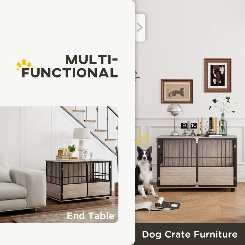 Large Dog Crate End Table with Washable Cushion and Triple Doors for Indoor Use Grey