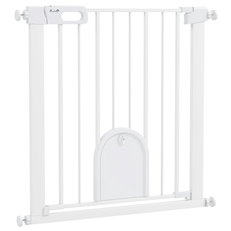 Pressure Fit Pet Safety Gate with Cat Flap and Double Lock For Stairs and Doorways White