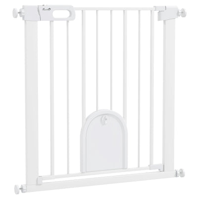 Pressure Fit Pet Safety Gate with Cat Flap and Double Lock For Stairs and Doorways White