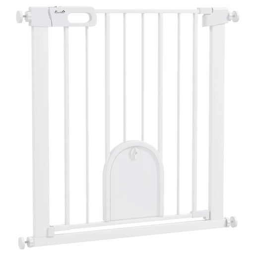 Pressure Fit Pet Safety Gate with Cat Flap and Double Lock For Stairs and Doorways White