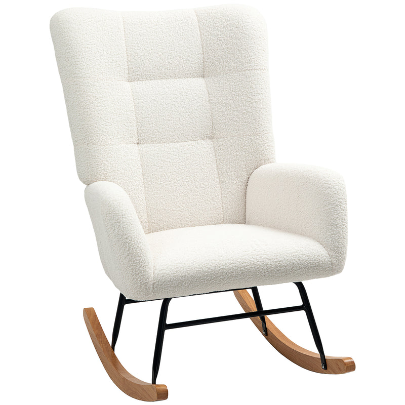 Cream White Teddy Fleece Wingback Rocking Chair with Wooden Base by HOMCOM
