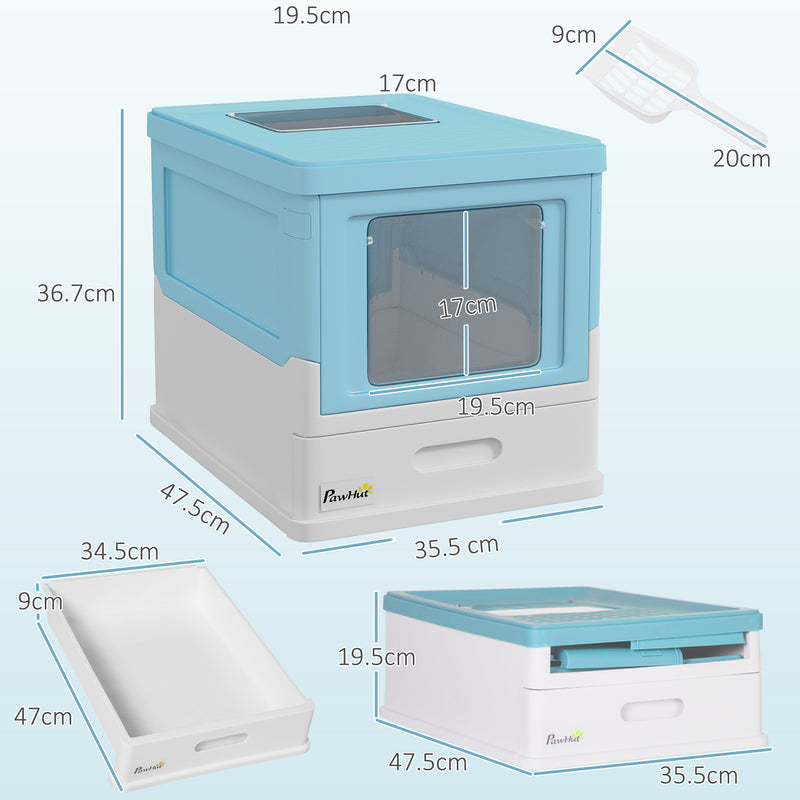 Light Blue Hooded Cat Litter Box with Scoop and Front Entry Portable Pet Toilet