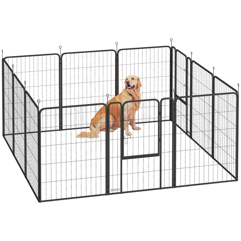 12 Panel Heavy Duty Dog Playpen With Doors 100cm High for Large Dogs Black by PawHut