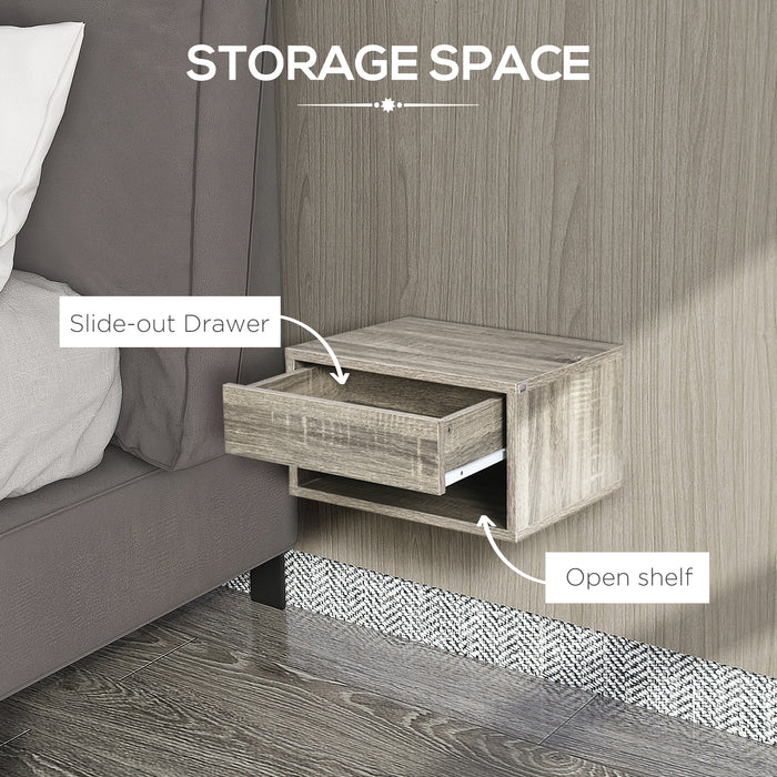 Set of Two Floating Bedside Tables with Drawer and Shelf Brown Wood Effect by HOMCOM