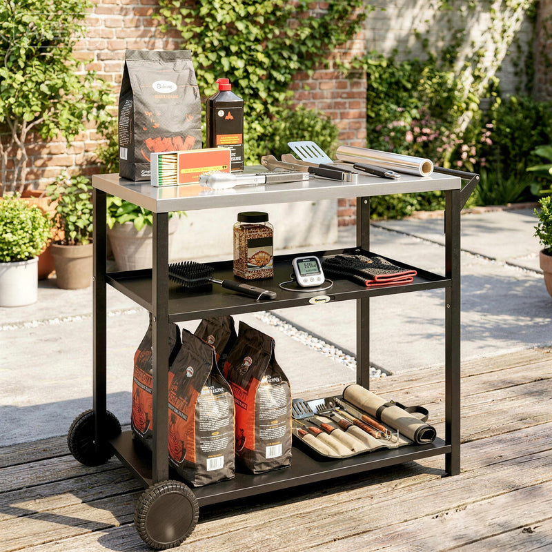Outdoor BBQ Prep Table with Stainless Steel Top and Shelves for Easy Garden Cooking Black