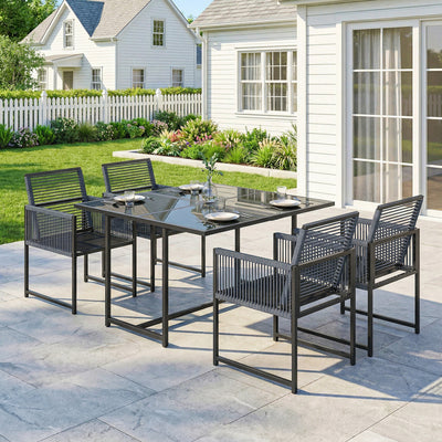 5 Piece Garden Dining Set for 4 with Foldable Chairs and Tempered Glass Table, Grey Outsunny