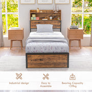 Single Metal Bed Frame With Storage Headboard and Slatted Base For Bedroom, Rustic Brown