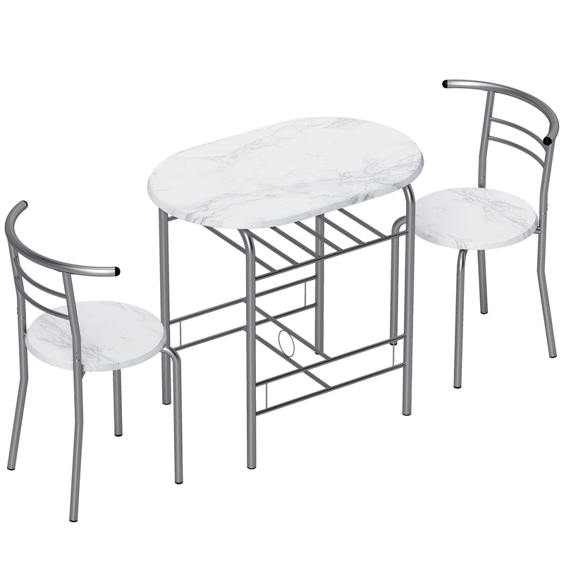 Compact Dining Table and 2 Chairs with Shelf for Small Kitchens White Marble Effect