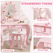 Pink Kids Dressing Table Set With Stool Mirror and Storage Strawberry Theme by AIYAPLAY