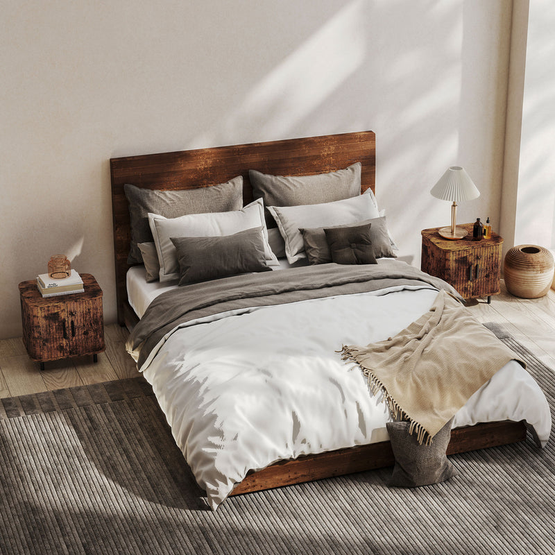 Nordic Bedside Table With Sliding Roller Doors And Metal Legs For Bedroom Rustic Brown