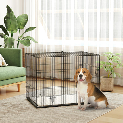 Foldable Dog Crate with 2 Doors Tray and Soft Cushion for Medium Large Dogs Black by PawHut