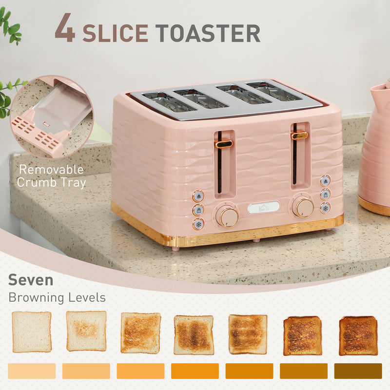 3000W Kettle and 4 Slice Toaster Set with 7 Browning Levels and Crumb Tray, Light Pink