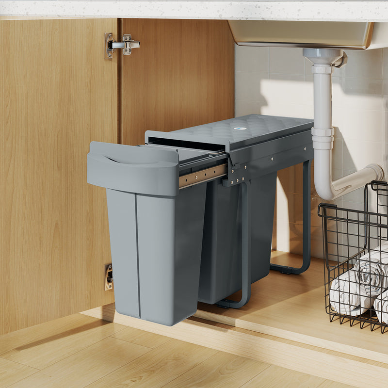 Pull Out Kitchen Bin with Dual Compartments for Hidden Waste and Recycling Grey Homcom