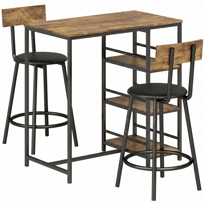 Bar Table Set with Storage Shelves and Space Saving Chairs for Small Dining Areas Rustic Brown