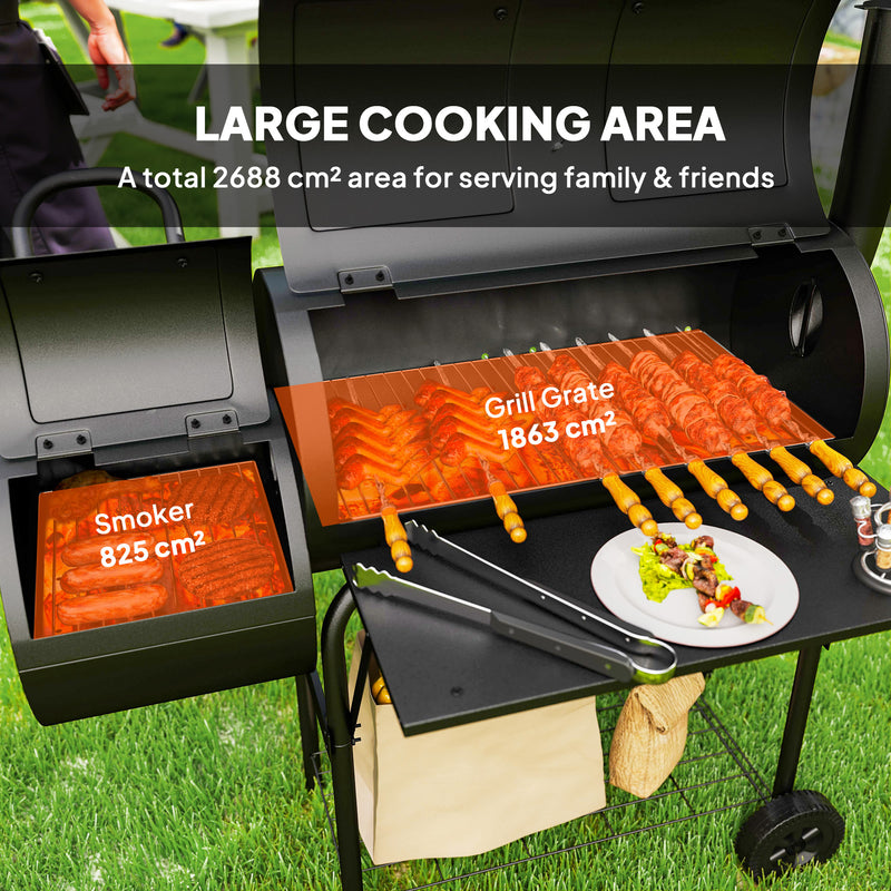 Charcoal BBQ Grill and Smoker for Garden Parties with Shelves and Wheels Black Outsunny