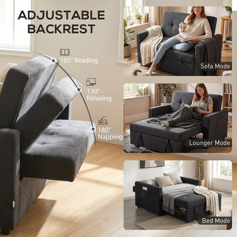 2 Seater Sofa Bed for Small Spaces with Adjustable Backrest and Storage Pockets Black AOSOM