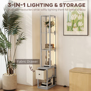 LED Floor Lamp with Shelves and Fabric Drawer Adjustable Brightness for Living Room Grey