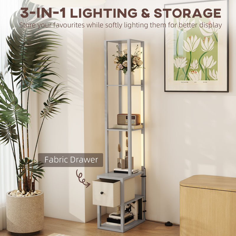 LED Floor Lamp with Shelves and Fabric Drawer Adjustable Brightness for Living Room Grey