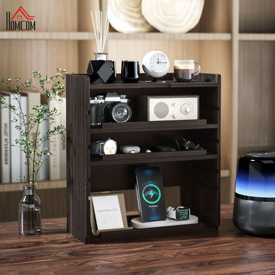 Four Tier Wooden Desktop Organiser With Storage Shelves For Home Office, Dark Brown