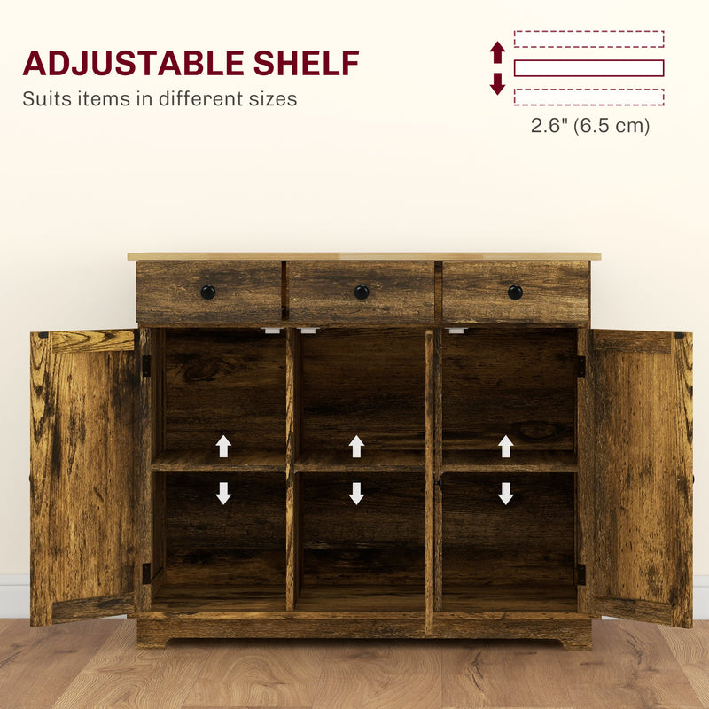 Rustic Brown Sideboard with Rubberwood Top and Adjustable Shelves for Kitchen Storage