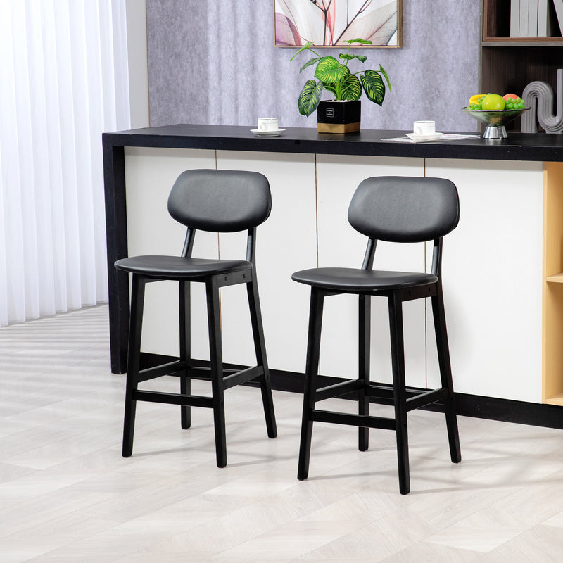 Set of 2 Wooden Bar Stools with Padded Faux Leather Seats Ideal for Kitchen or Home Bar Black