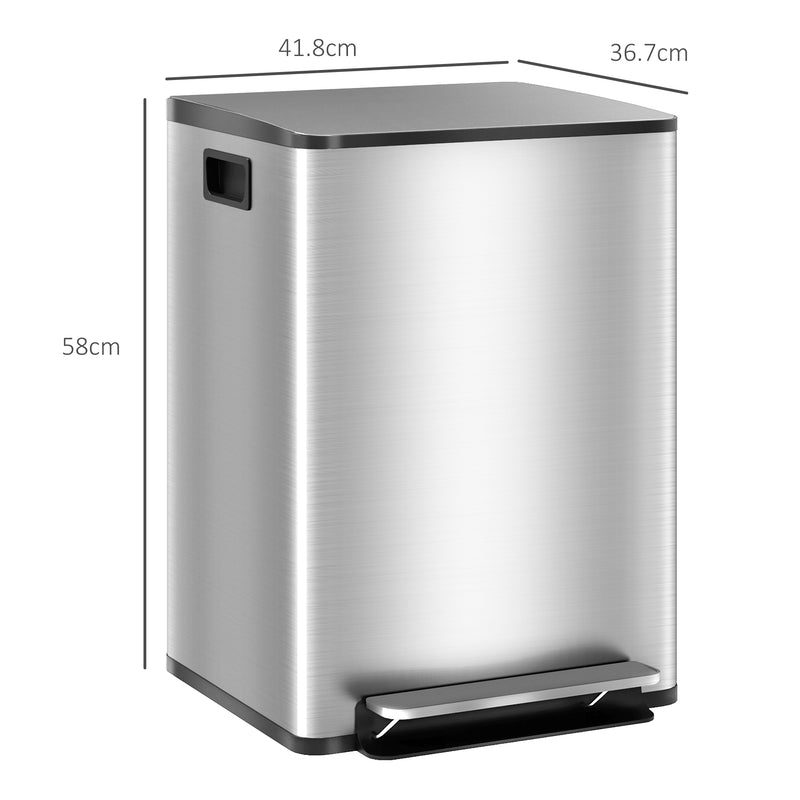 Kitchen Pedal Bin with Dual 20L Compartments for Easy Rubbish and Recycling Silver Tone AOSOM