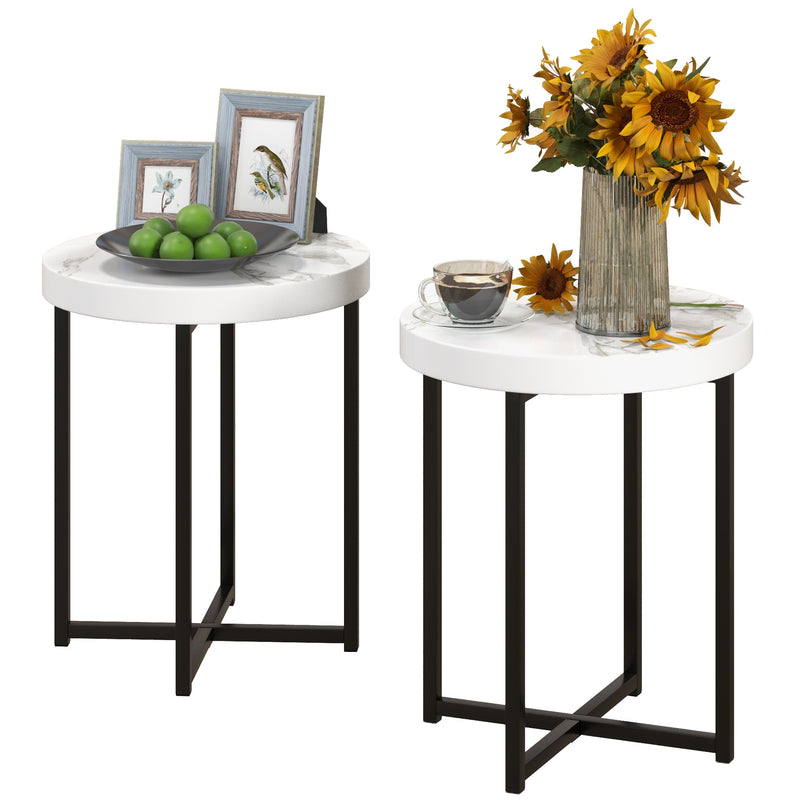 Set of 2 Round Side Tables With Sturdy Metal Legs Ideal for Living Room or Bedroom White AOSOM