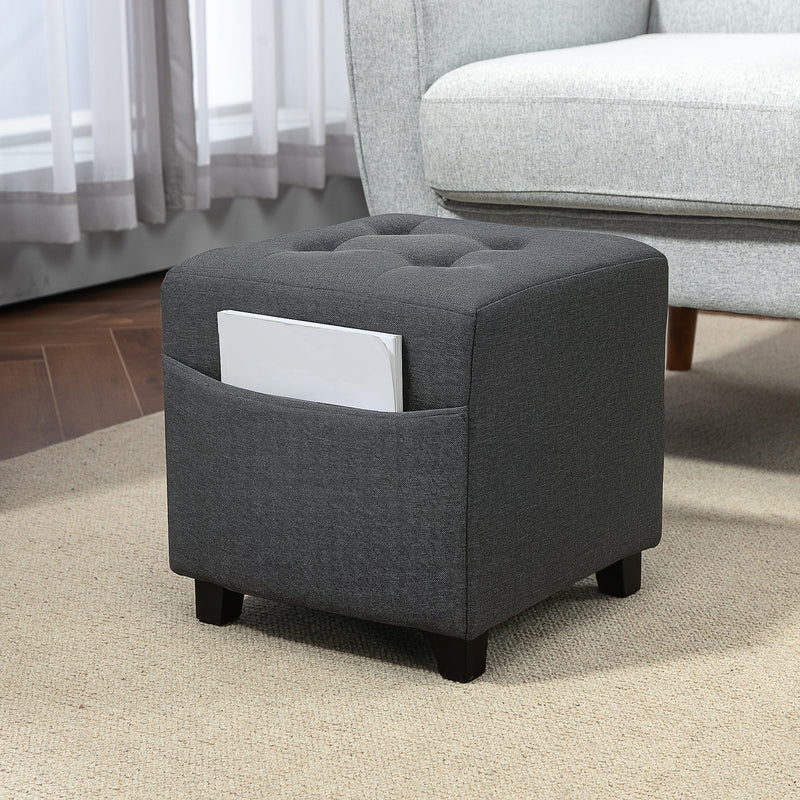Grey Square Linen Footstool With Side Pocket and Wooden Legs by HOMCOM