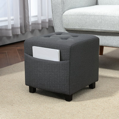 Grey Square Linen Footstool With Side Pocket and Wooden Legs by HOMCOM Homcom