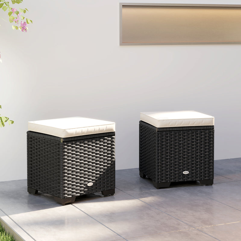 Set of 2 Rattan Storage Ottomans with Cushions for Garden Balcony and Poolside in Cream by Outsunny