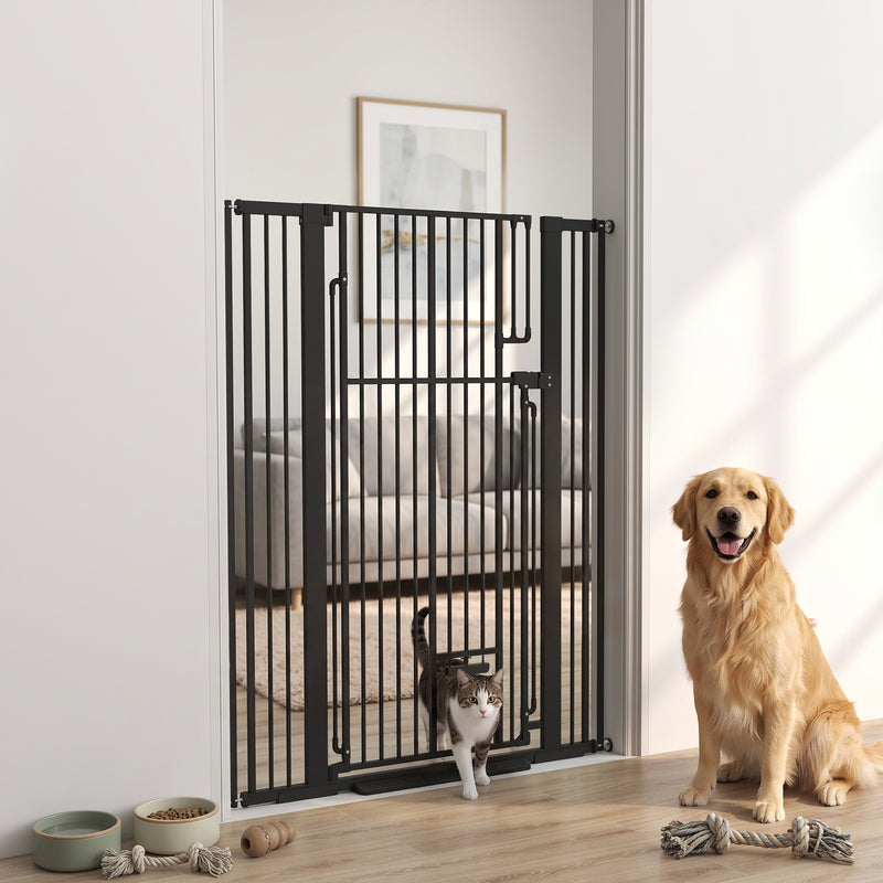 Extra Tall Dog Gate With Cat Door For Wide Doorways And Stairs Pressure Mounted Black
