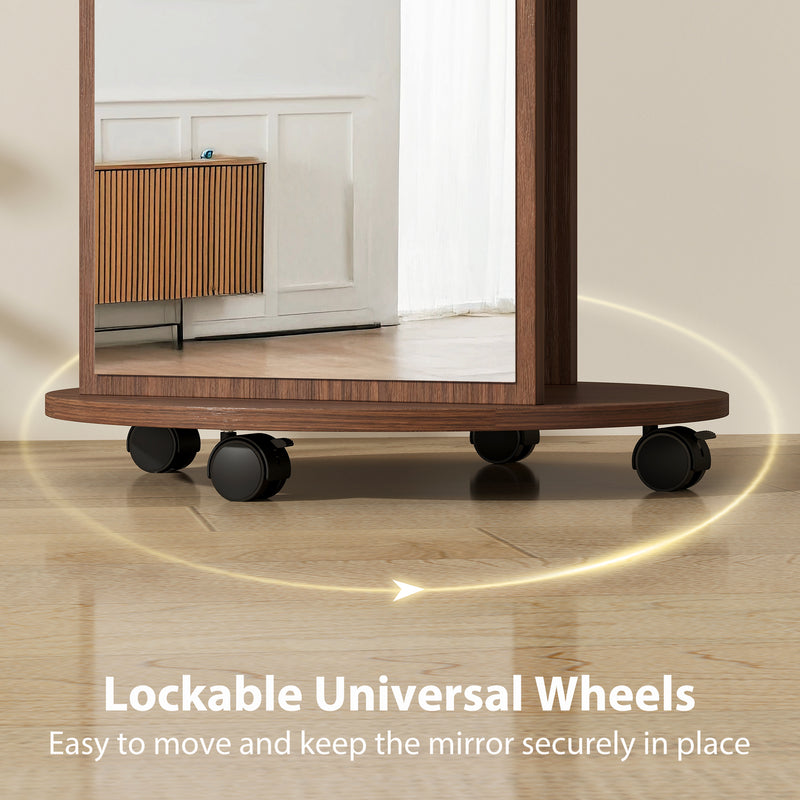 Full Length Mirror with Shelves and Hooks for Bedroom Storage on Wheels Brown Wood Effect Homcom