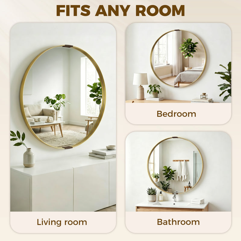 Round Shatterproof Wall Mirror for Hallways and Living Rooms Ready to Hang Gold Tone Homcom