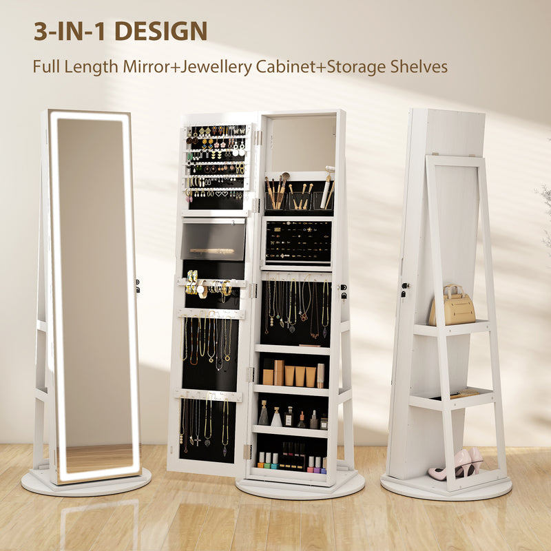 Free Standing Full Length Mirror Jewellery Armoire With LED Lights And Lockable Jewellery Storage White