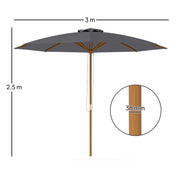 Dark Grey 3m Wooden Garden Parasol Adjustable Sun Shade for Patio or Decking by Outsunny