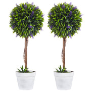Set of 2 Artificial Topiary Ball Trees with Lavender Flowers for Indoor Outdoor Use Green