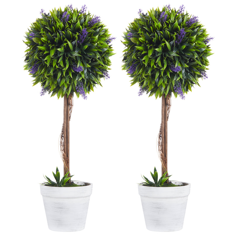 Set of 2 Artificial Topiary Ball Trees with Lavender Flowers for Indoor Outdoor Use Green