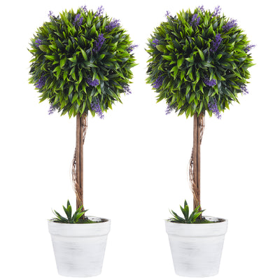 Set of 2 Artificial Topiary Ball Trees with Lavender Flowers for Indoor Outdoor Use Green