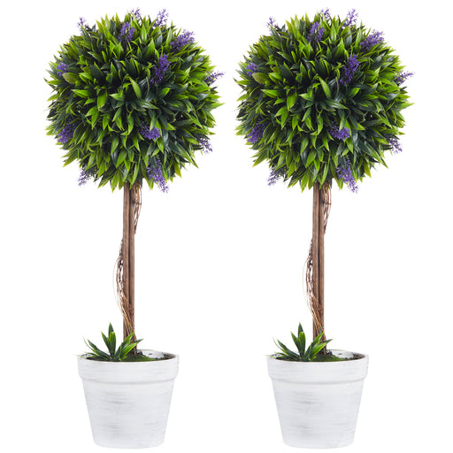 Set of 2 Artificial Topiary Ball Trees with Lavender Flowers for Indoor Outdoor Use Green