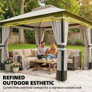 3x3.6m Metal Garden Gazebo with Curtains and Mesh for Shaded Private Outdoor Seating, Light Grey Outsunny