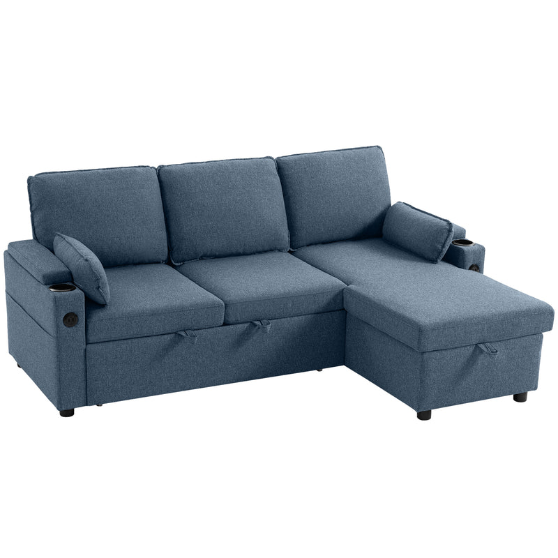 Corner Sofa Bed with Storage and USB Charging for Small Living Rooms Blue AOSOM
